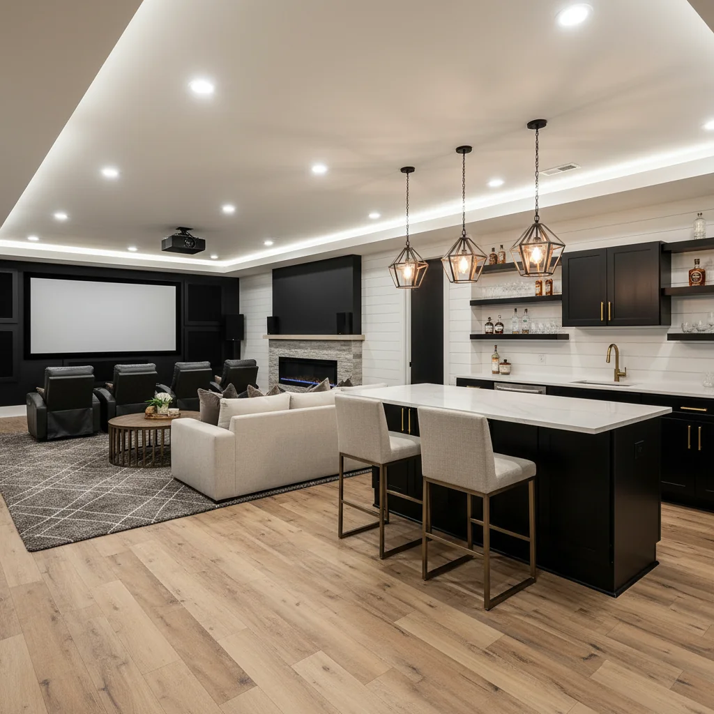 Entertainment basement with bar and media area in Ballantyne