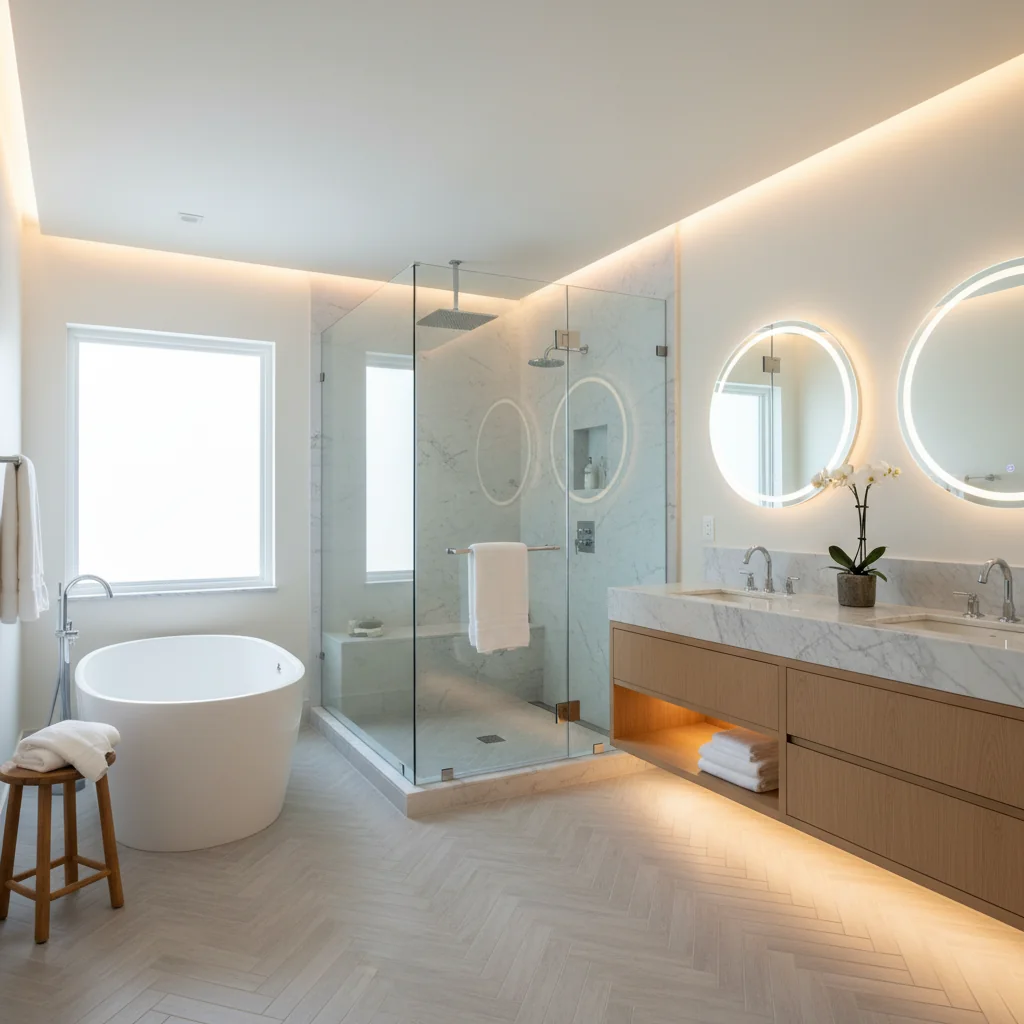 Spa-inspired bathroom renovation with walk-in shower and freestanding tub