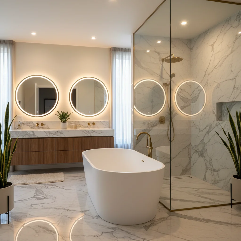 Luxury bathroom renovation with marble and freestanding tub