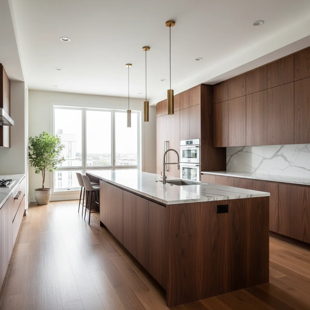 Modern kitchen remodel with walnut cabinets and marble countertops
