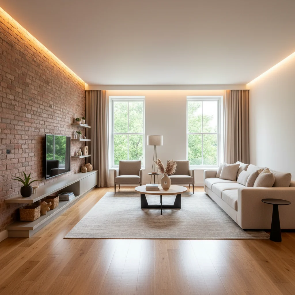 Living room renovation with exposed brick accent wall