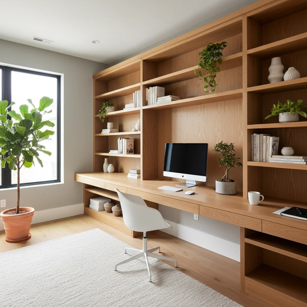 Custom home office with built-in shelving in Myers Park