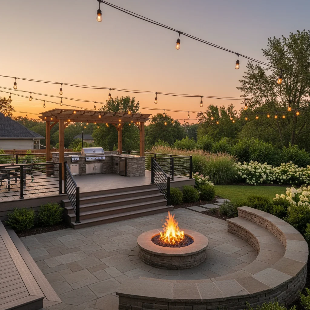 Custom outdoor living space with deck and fire features