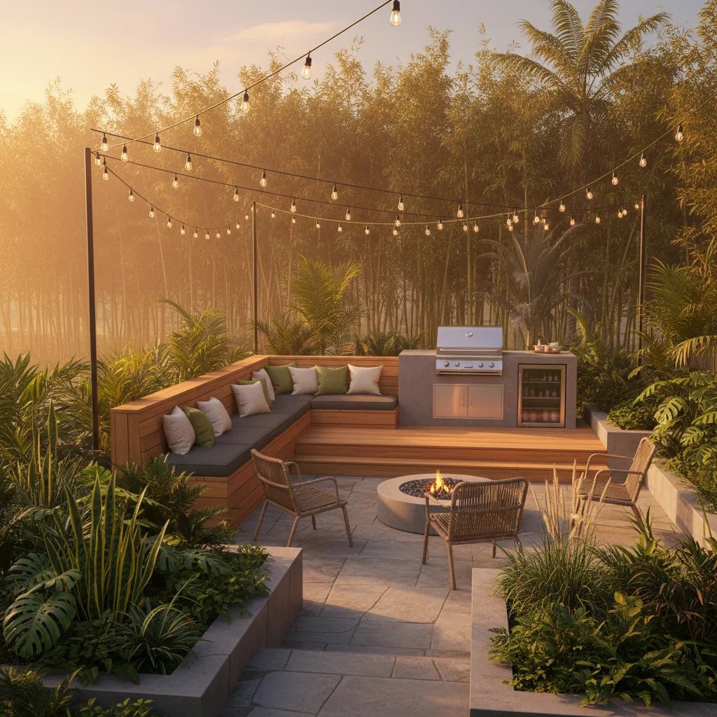 Outdoor deck and patio with fire pit and string lights